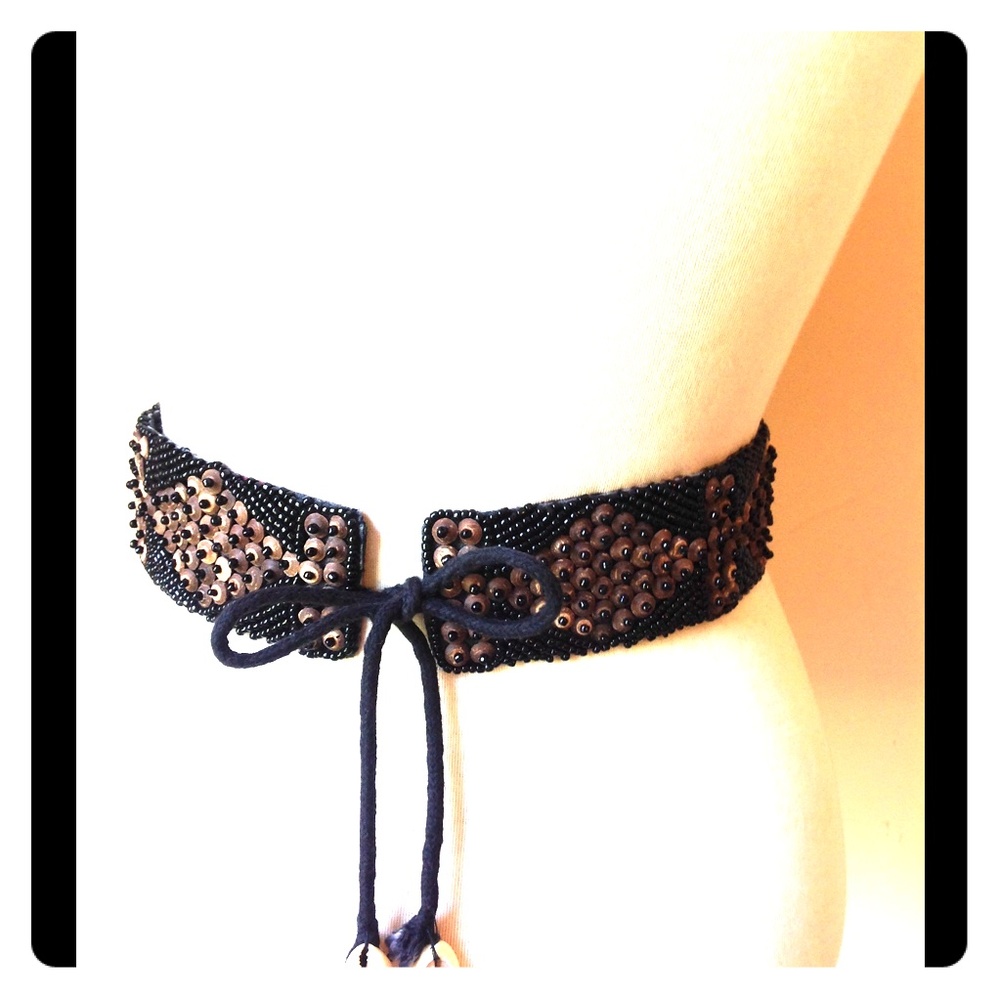 Vintage Black Beaded Wood Belt Ethnic Wrap